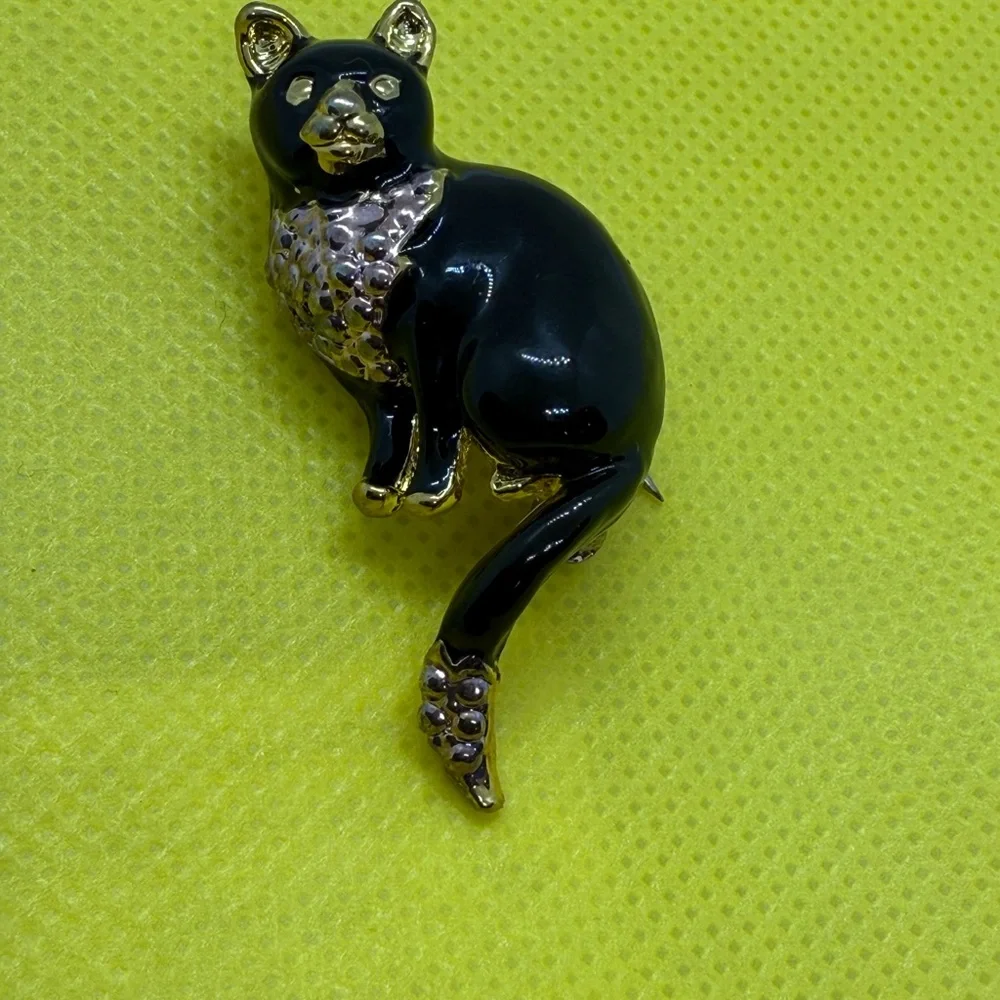 Vintage Black Cat Brooch with Gold and pink Accents